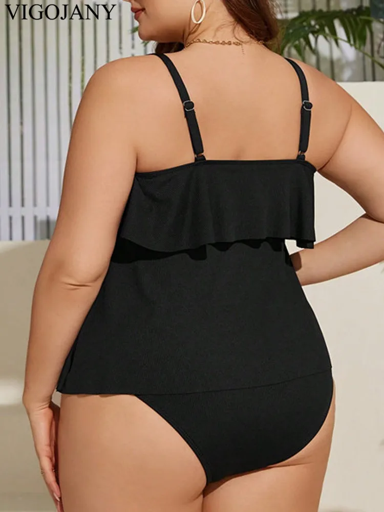 VigoJany 2026 Sexy Ruffle 2 Piece Plus Size Tankini Set Women Solid Strapped Curvy Swimsuit Brazilian Lady Big Bathing Suit thumbnail 4