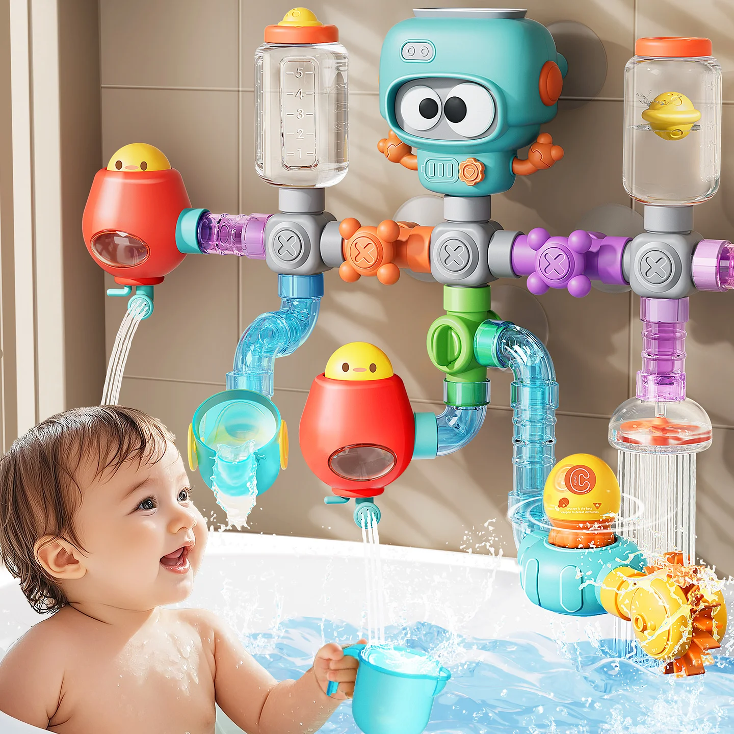Baby Bath Toys with Strong Suction Cups Tubes Spinner Squirt Water Game Set Toddlers Kids Shower Pool for 3 Years Children Gifts thumbnail 2