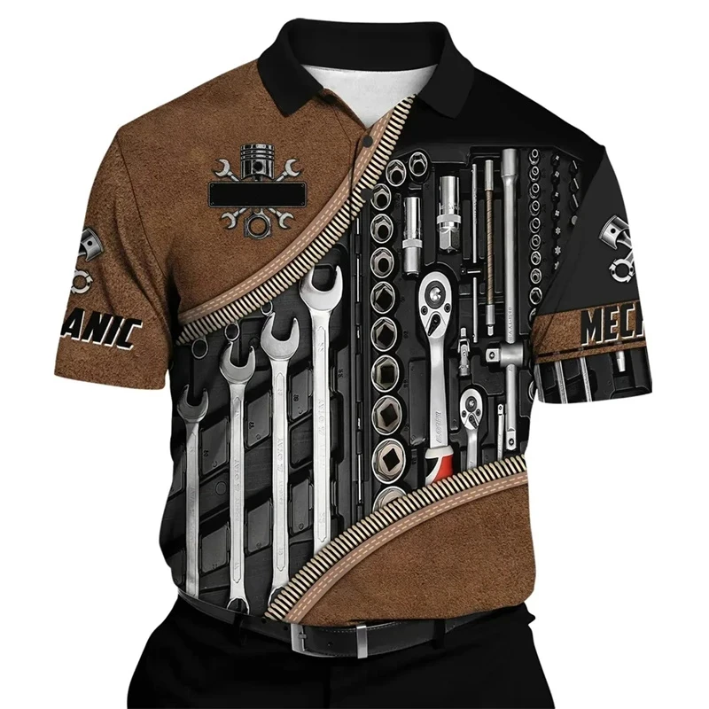 New Mechanic Man Polo Shirt Mechanical Tools Print Short Sleeve Summer Jersey Casual Tops Oversized Fashion Breathable Clothing