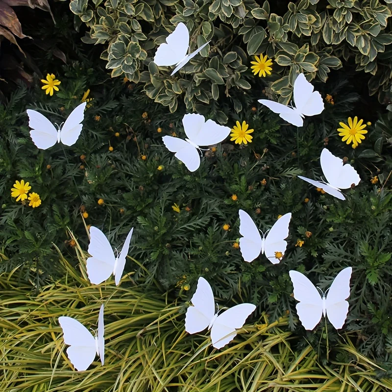10pcs White 3D Butterfly Decorative Garden Stakes PVC Yard Lawn Outdoor Decor Wedding Party Embellishments Butterfly Decorations