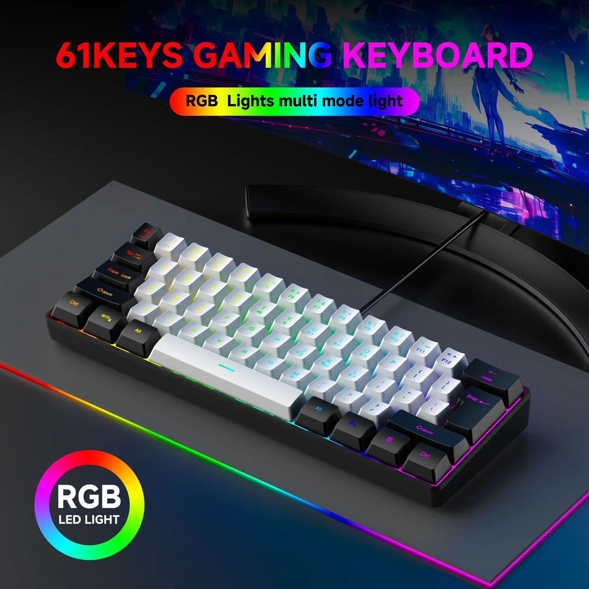 USB Wired RGB Gaming Keyboard 61 Keys White Black Compact Mini Office Keyboard and Mouse for PC Desktop Computer Gamer Keypad thumbnail 3