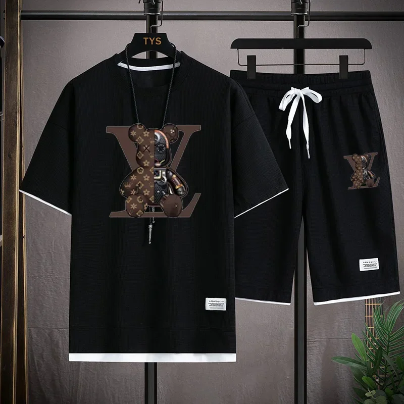Summer new men's short-sleeved set, a fashionable outdoor casual men's short-sleeved T-shirt and sports shorts 2-piece set thumbnail 3