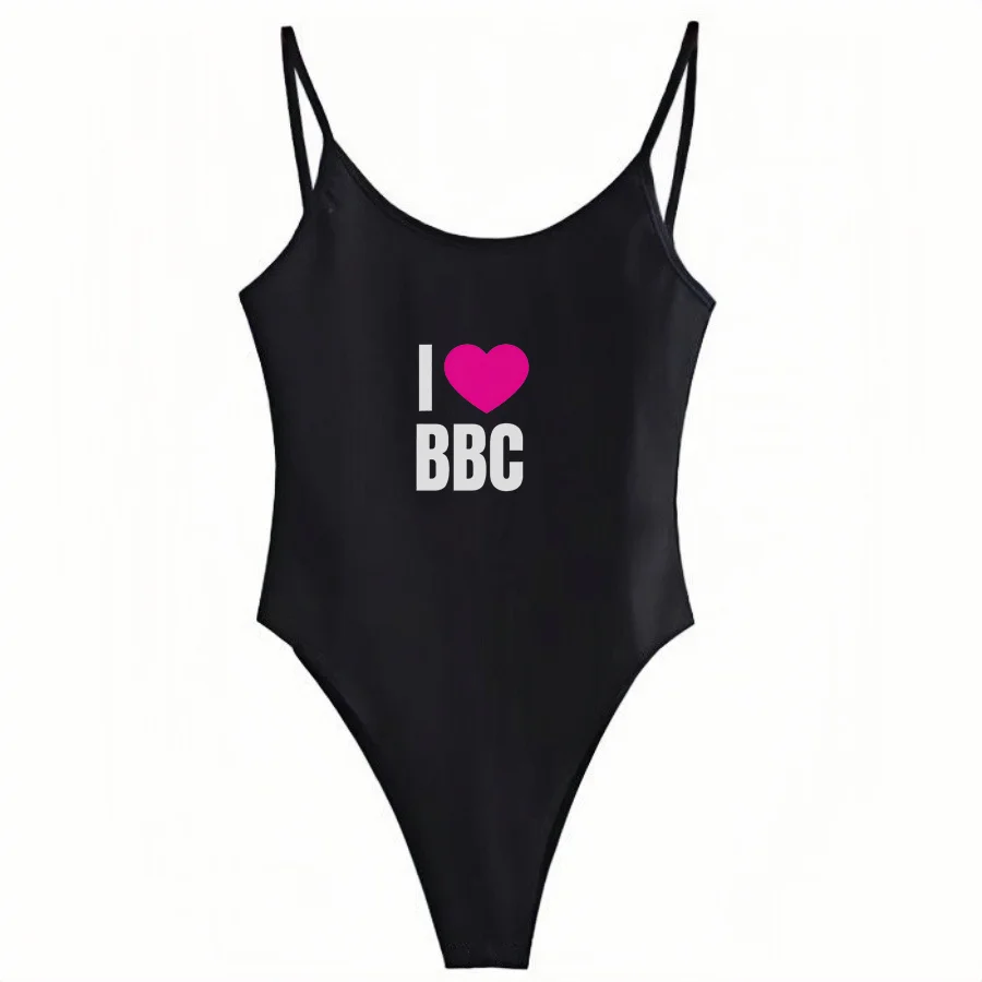 Women's I Love BBC Print Cami Thong Sleeveless Bodysuit Double-Lined Tank Top Slim Fit Stretchy Tank Top