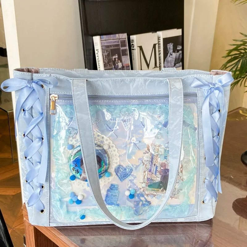 New Versatile Fashion Ribbon Itabag Large Capacity Green Large Food Anime Millet Bag Daily One Shoulder Tote Bag thumbnail 3