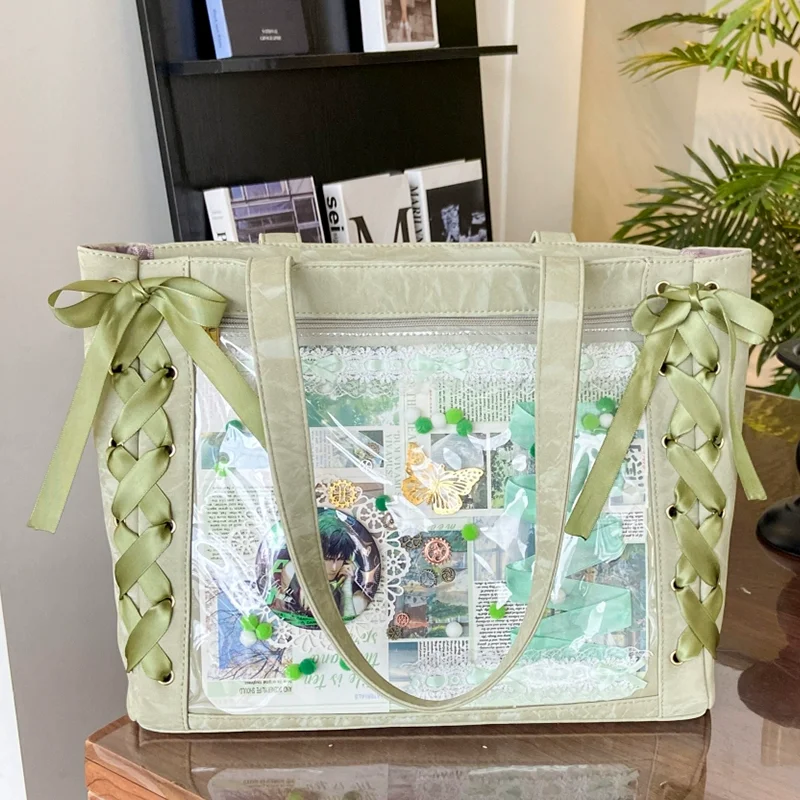 New Versatile Fashion Ribbon Itabag Large Capacity Green Large Food Anime Millet Bag Daily One Shoulder Tote Bag thumbnail 5
