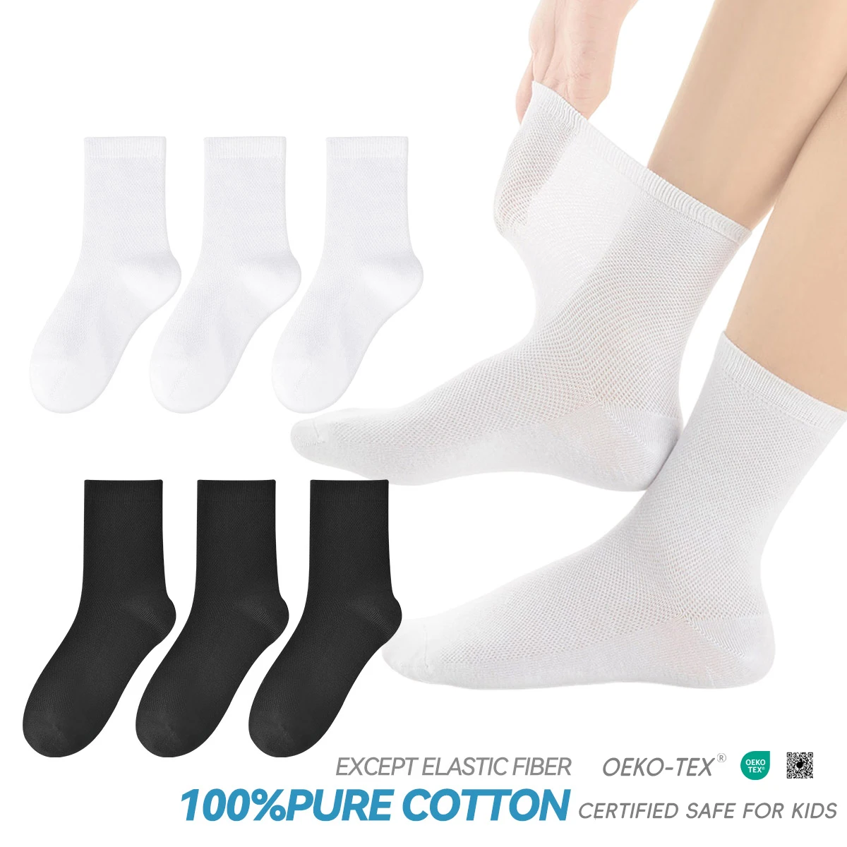 Children's pure cotton seamless socks,mesh thin mid-calf style for summer, suitable for students to wear to school, for sports