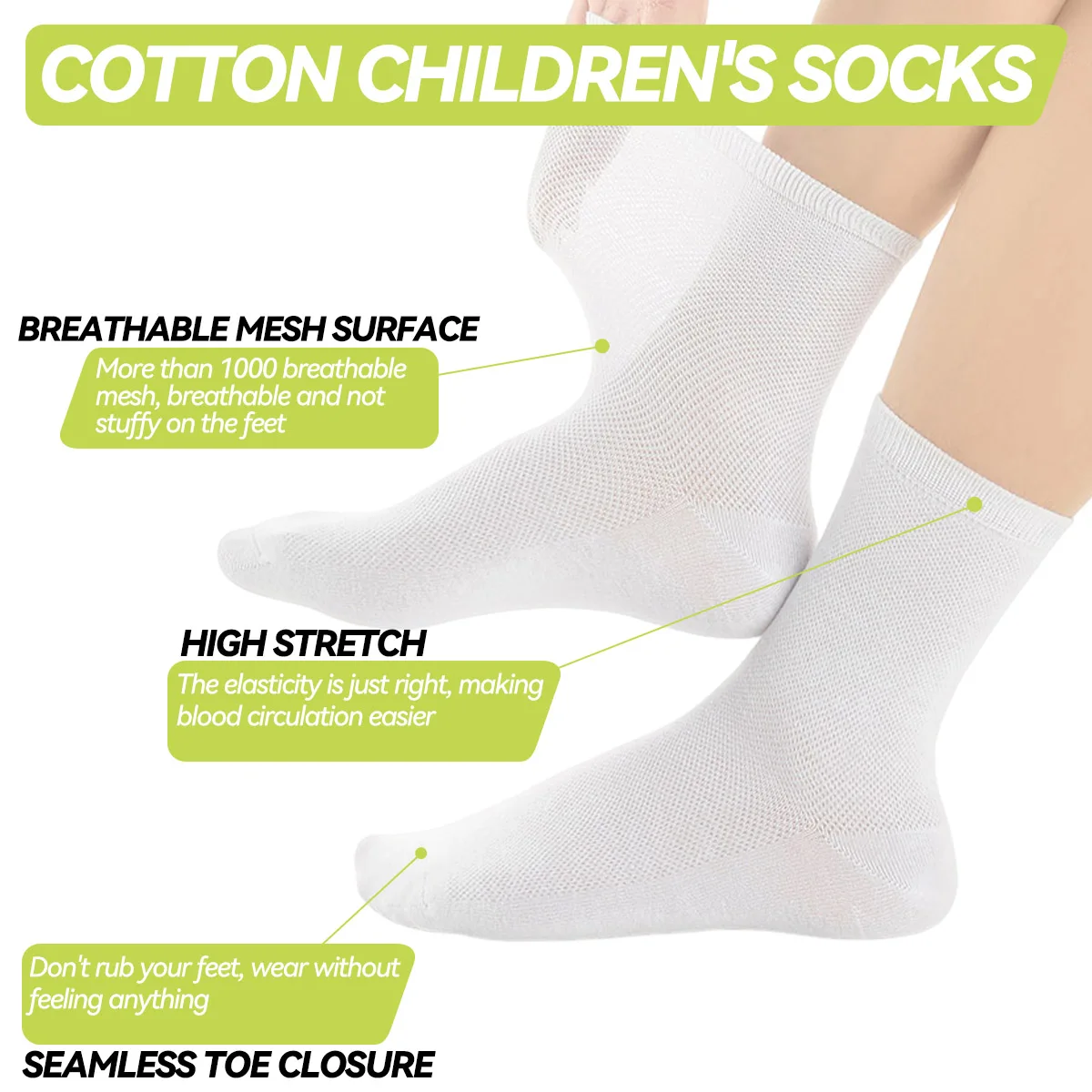 Children's pure cotton seamless socks,mesh thin mid-calf style for summer, suitable for students to wear to school, for sports thumbnail 3