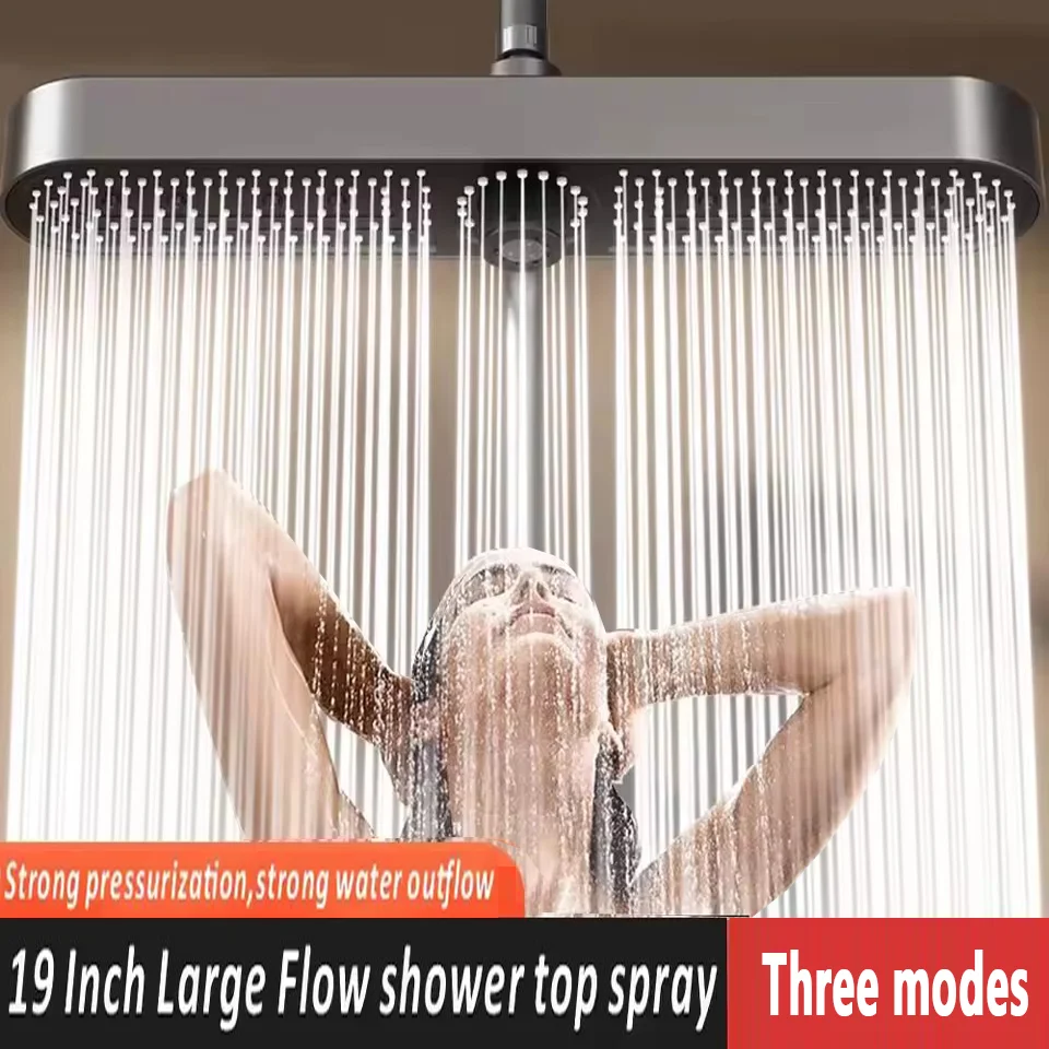 19 Inches Super Big Panel Large Flow Supercharge Ceiling Mounted Shower Head Set 3 Modes High Pressure Water Saving Showerhead thumbnail 2