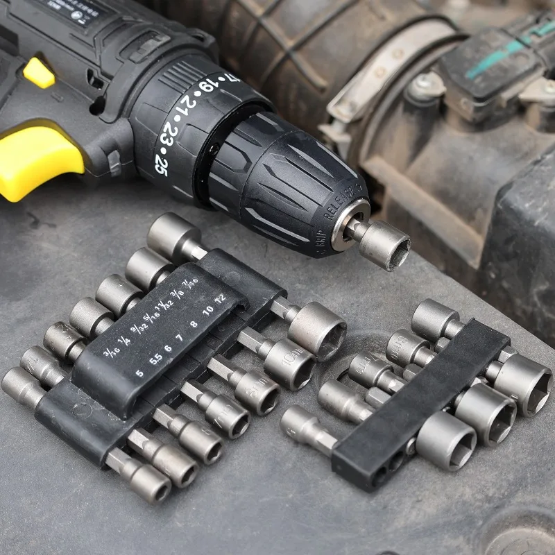 9/14Piece Hexagon Nut Driver Drill Bit Steel Socket Screwdriver Wrench Set Drill Bit Adapter Electric Impact Bolt Handle Tools thumbnail 2