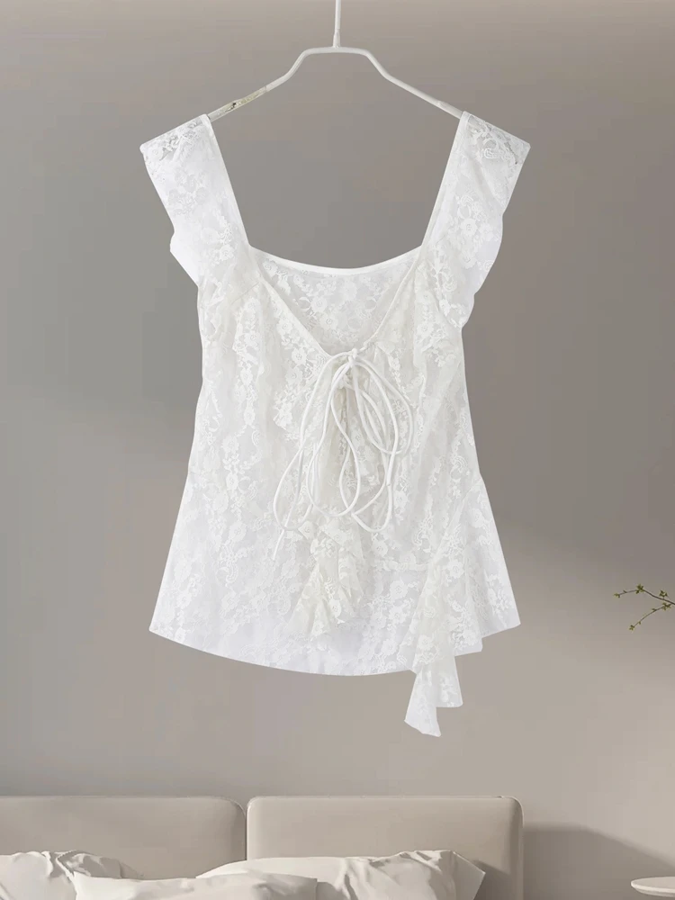 Elegant Ruffle Skirt Sets Women Sexy Lace Sleeveless See Through Tops A Line Cascading Skirts 2026 Spring Summer Lady Outfits thumbnail 5