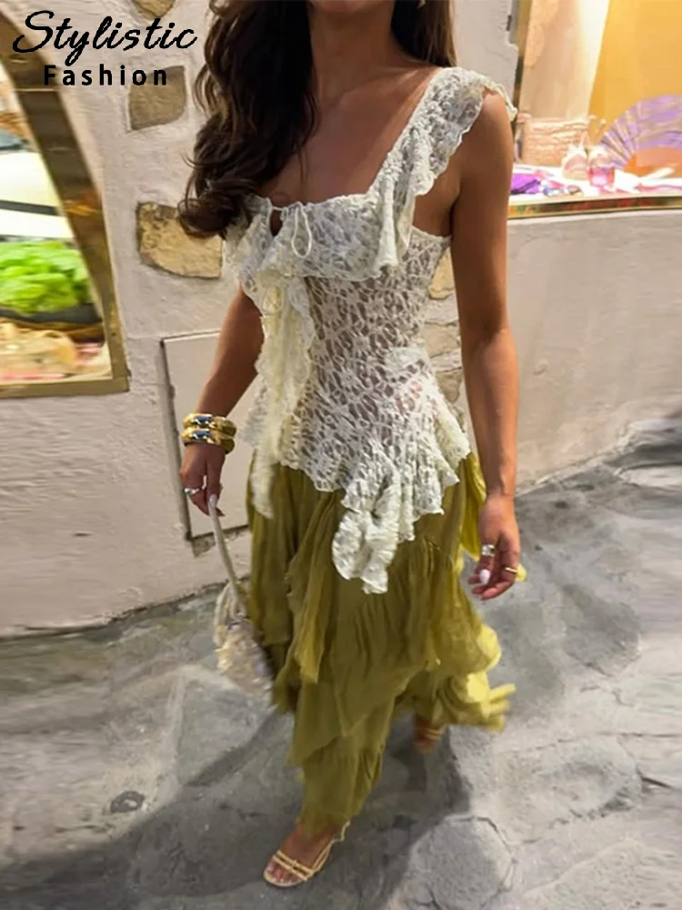 Elegant Ruffle Skirt Sets Women Sexy Lace Sleeveless See Through Tops A Line Cascading Skirts 2026 Spring Summer Lady Outfits
