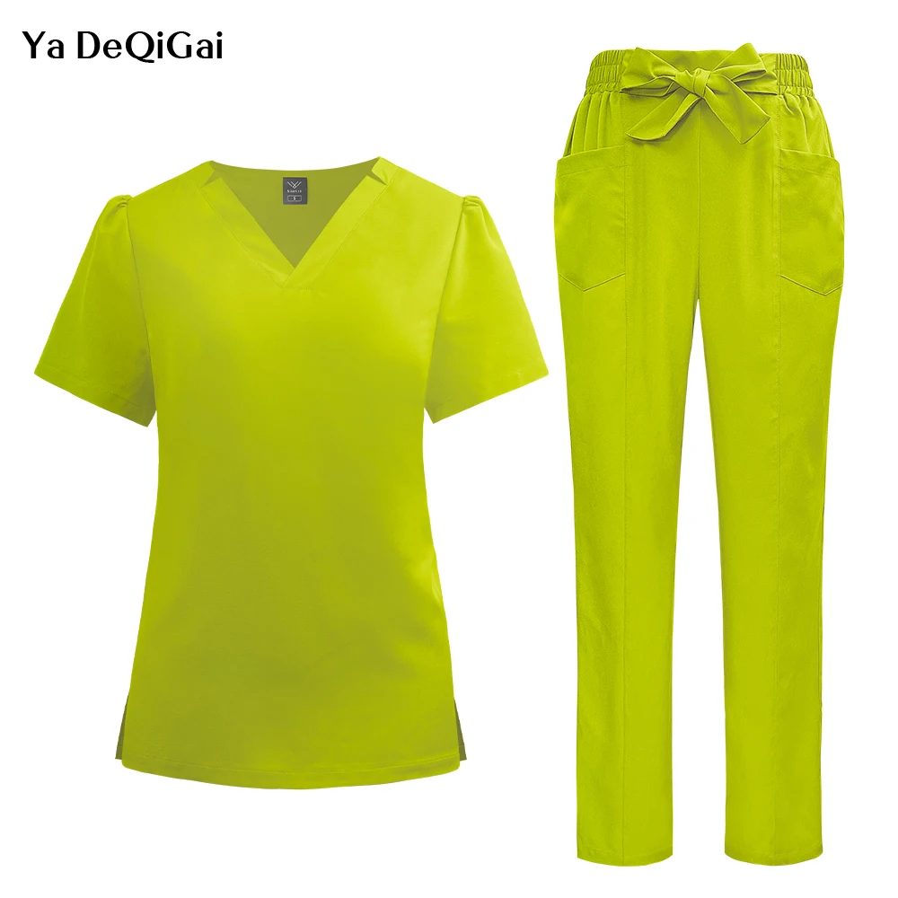 Surgical Uniforms Woman Fashion Bow Belt Nursing Scrubs Set Medical Uniform Top Pants Hospital Clinical Suits Beauty Spa Clothes