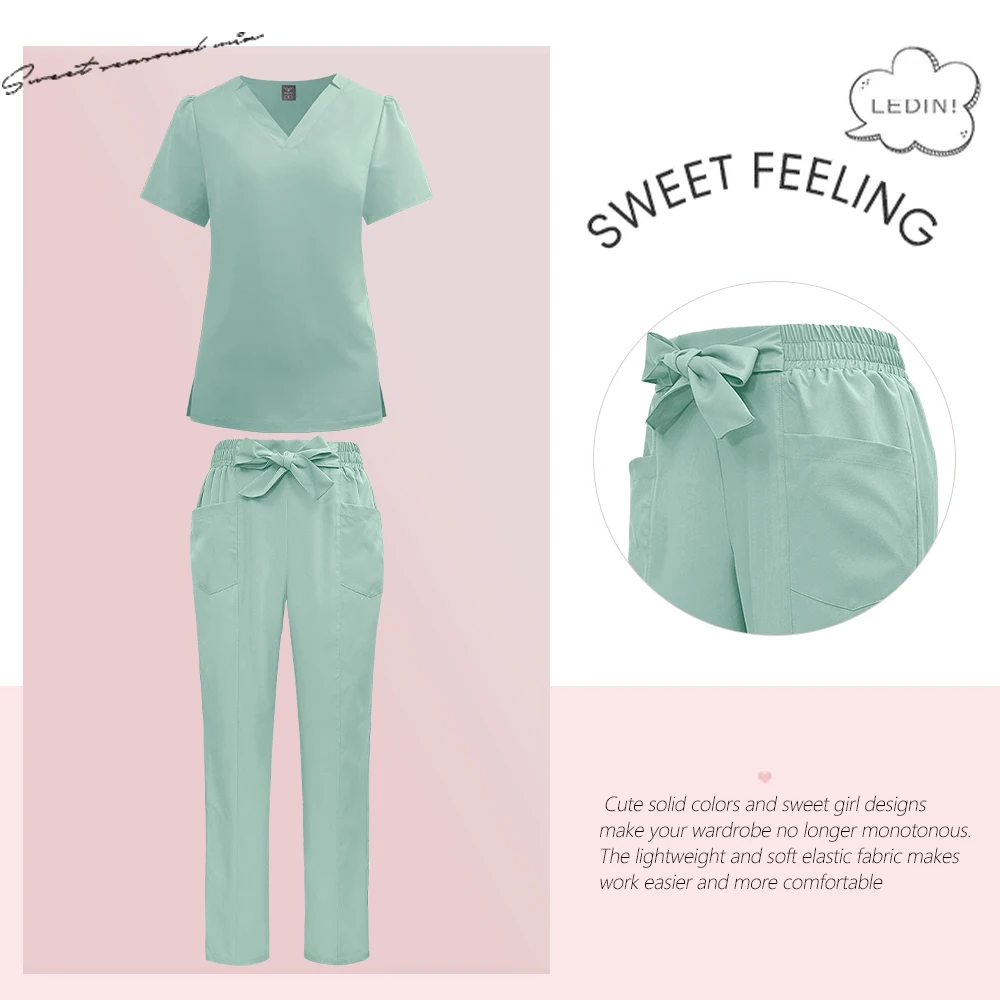 Surgical Uniforms Woman Fashion Bow Belt Nursing Scrubs Set Medical Uniform Top Pants Hospital Clinical Suits Beauty Spa Clothes thumbnail 5