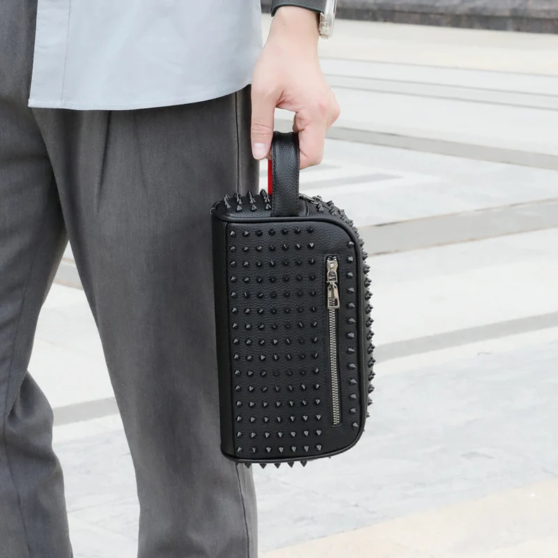 Fashion Rivet Design Men Bag High Quality PU Leather Clutch Bags Money Purse For Men Cyberpunk Style Waist Strap Men Wallets Sac thumbnail 3