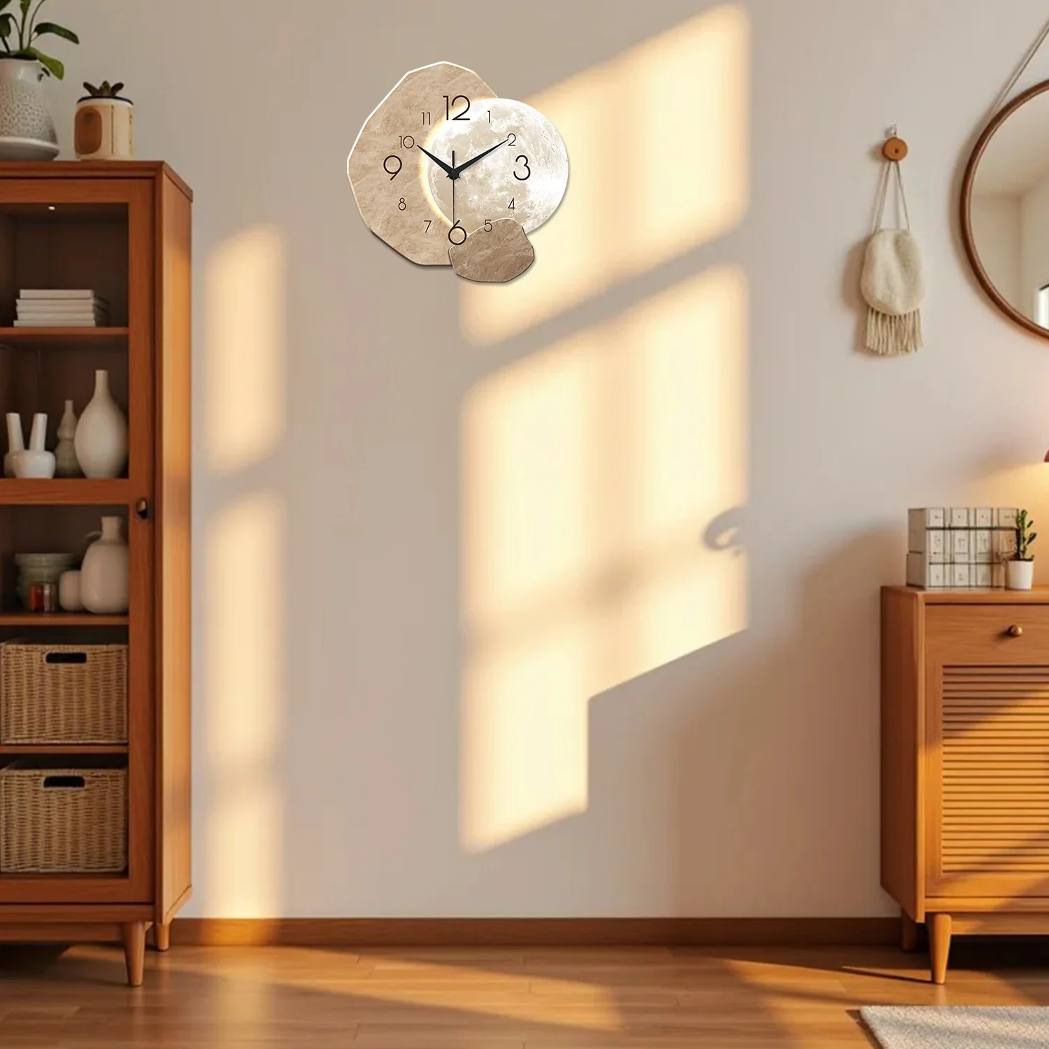 Modern Simple Silent Wall Clock, Moon Design - Quartz Movement, Wooden Material, for Bedroom, Living Room or Office Decoration thumbnail 2