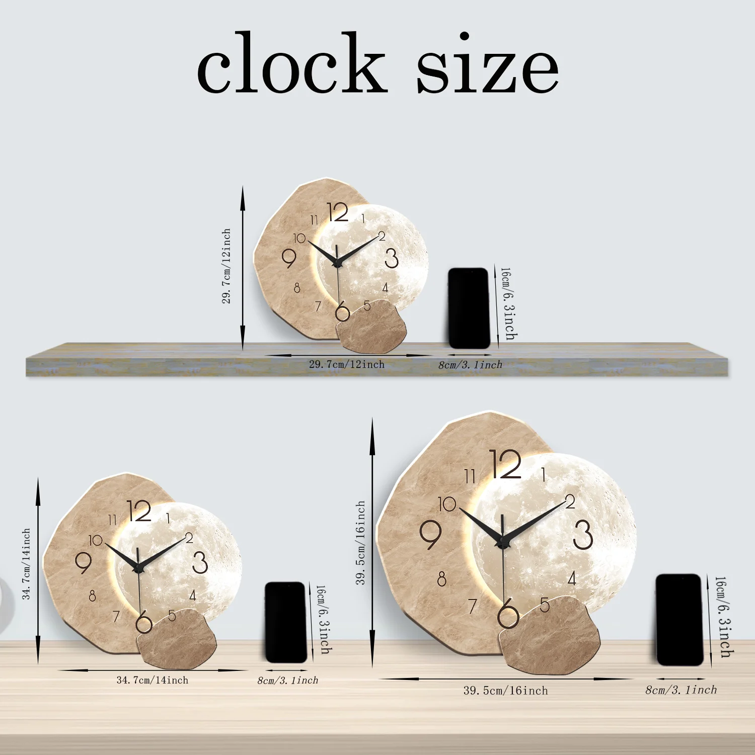 Modern Simple Silent Wall Clock, Moon Design - Quartz Movement, Wooden Material, for Bedroom, Living Room or Office Decoration thumbnail 6