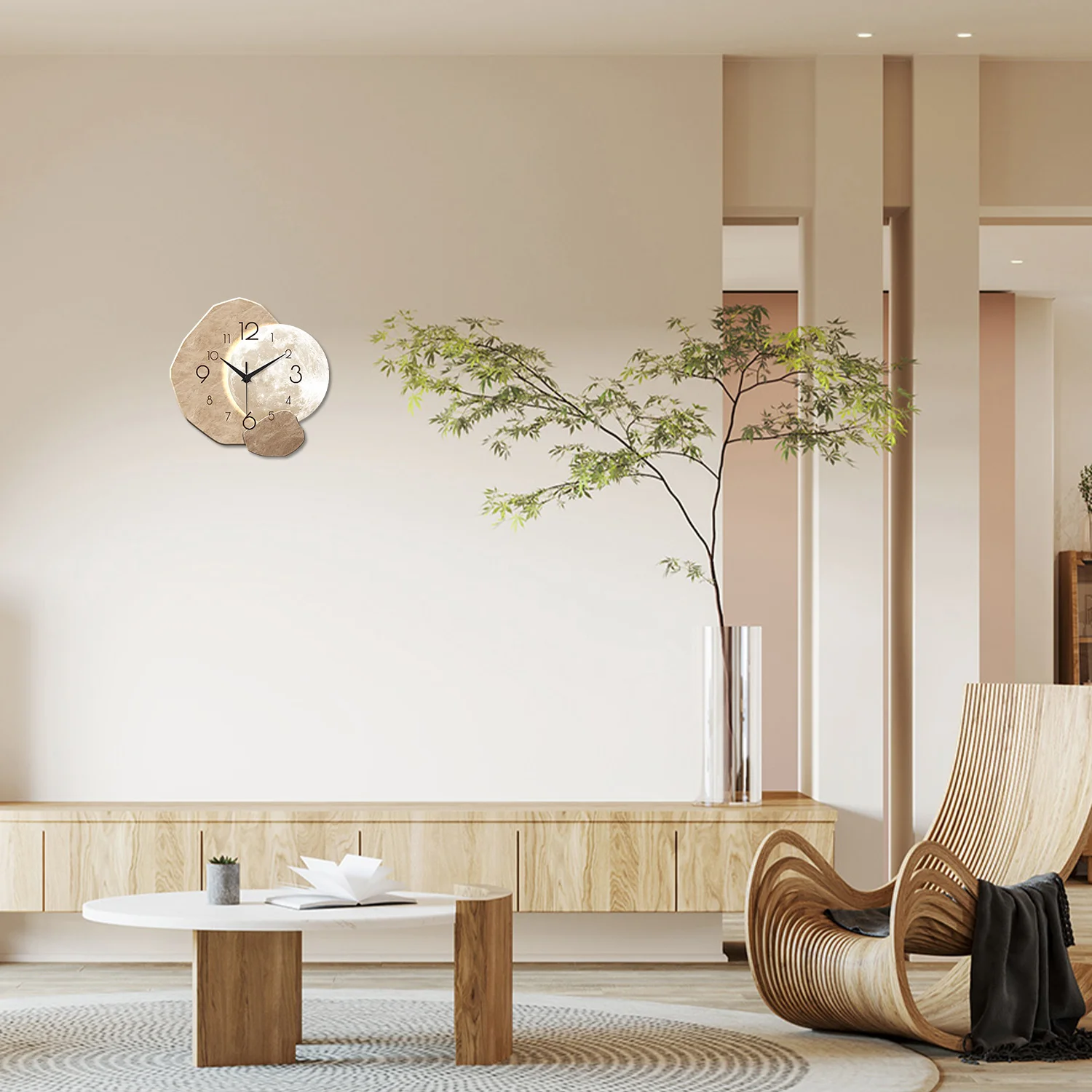 Modern Simple Silent Wall Clock, Moon Design - Quartz Movement, Wooden Material, for Bedroom, Living Room or Office Decoration thumbnail 4