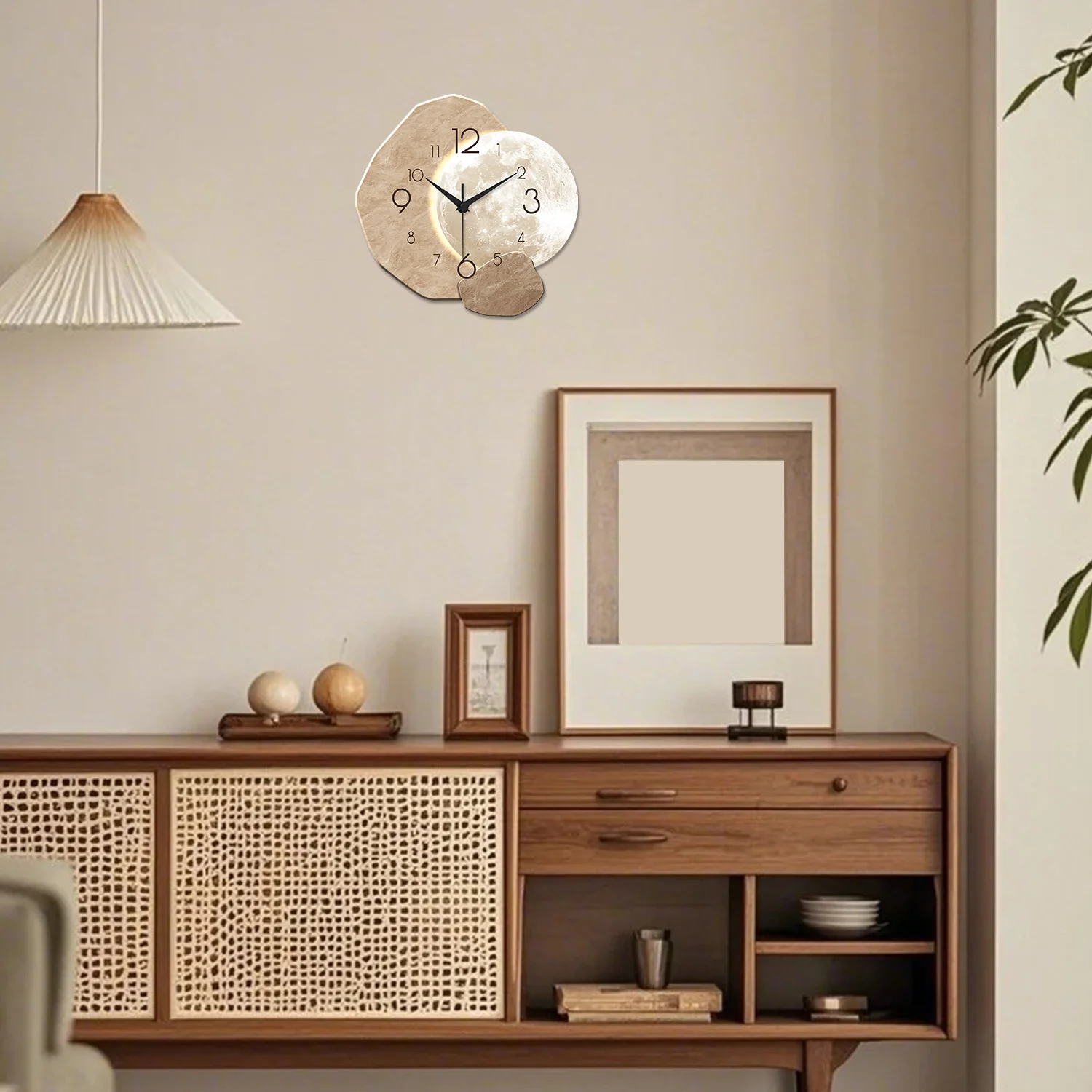 Modern Simple Silent Wall Clock, Moon Design - Quartz Movement, Wooden Material, for Bedroom, Living Room or Office Decoration thumbnail 3