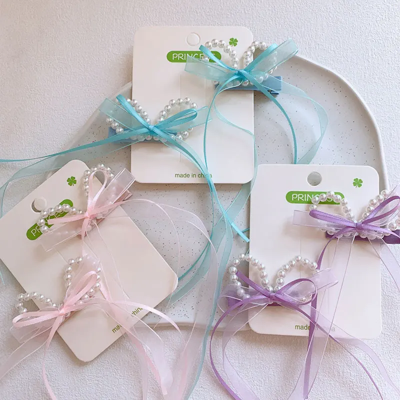 2PCS/Set Sweet Pearl Bow Hair Clips for Baby Girl Cute Fairy Long Ribbon Headwear Princess Kids Hair Accessories Headdress thumbnail 3