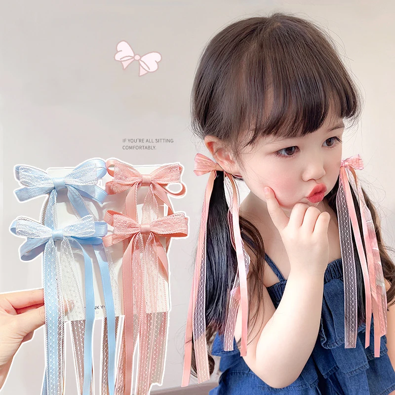 2PCS/Set Sweet Pearl Bow Hair Clips for Baby Girl Cute Fairy Long Ribbon Headwear Princess Kids Hair Accessories Headdress thumbnail 6