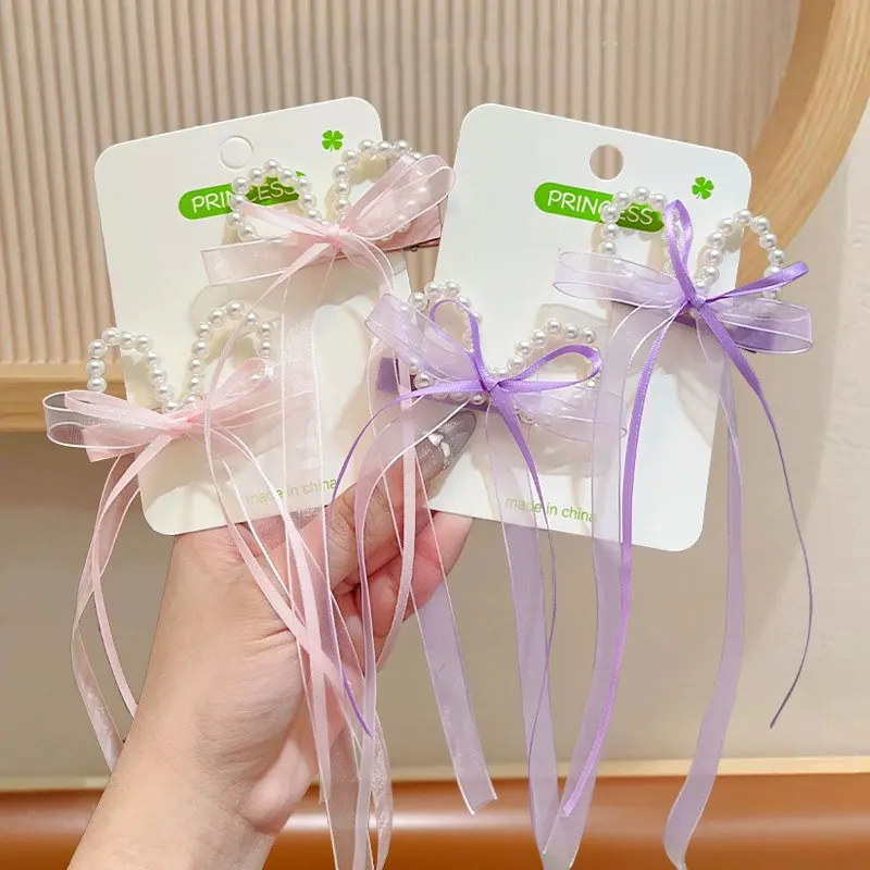 2PCS/Set Sweet Pearl Bow Hair Clips for Baby Girl Cute Fairy Long Ribbon Headwear Princess Kids Hair Accessories Headdress thumbnail 4