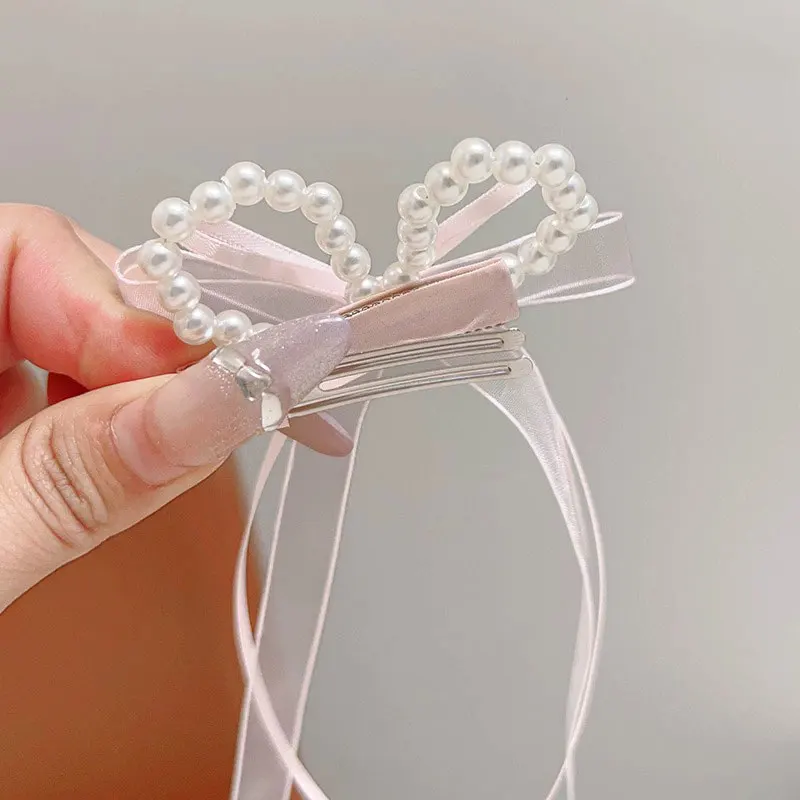 2PCS/Set Sweet Pearl Bow Hair Clips for Baby Girl Cute Fairy Long Ribbon Headwear Princess Kids Hair Accessories Headdress thumbnail 5