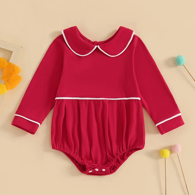 Pudcoco Baby Boys Girls Romper Long Sleeve Doll Collar Contrast Line Solid Color Bodysuit Newborn Playsuit thumbnail 4