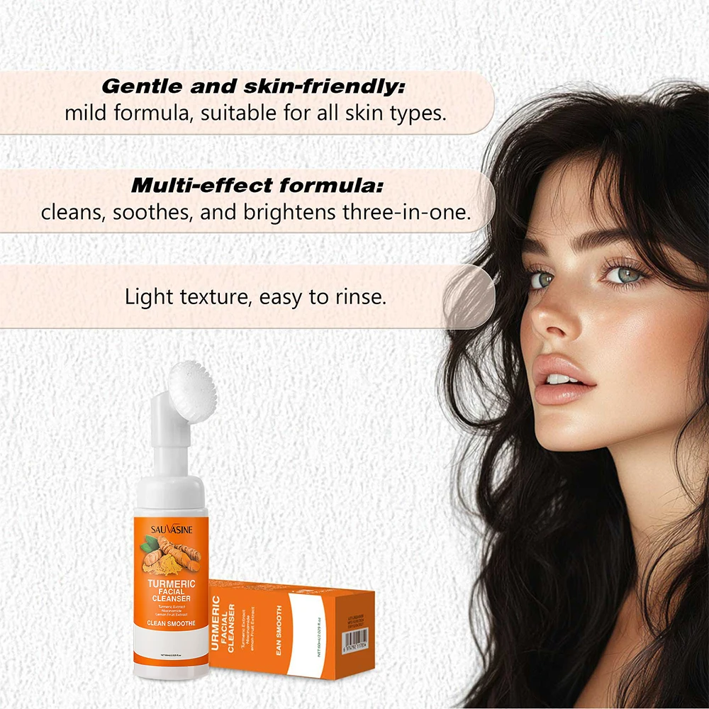Turmeric Cleanser Moisturize Facial Brightening Skin Tone Daily Face Wash Foam with Brush Skin Care Clean Lemon Fruit Extract thumbnail 5