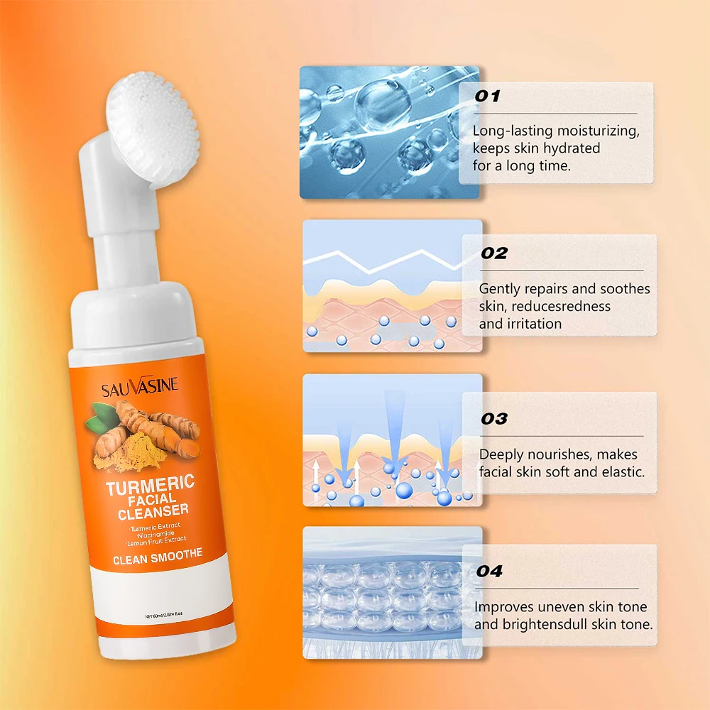 Turmeric Cleanser Moisturize Facial Brightening Skin Tone Daily Face Wash Foam with Brush Skin Care Clean Lemon Fruit Extract thumbnail 3