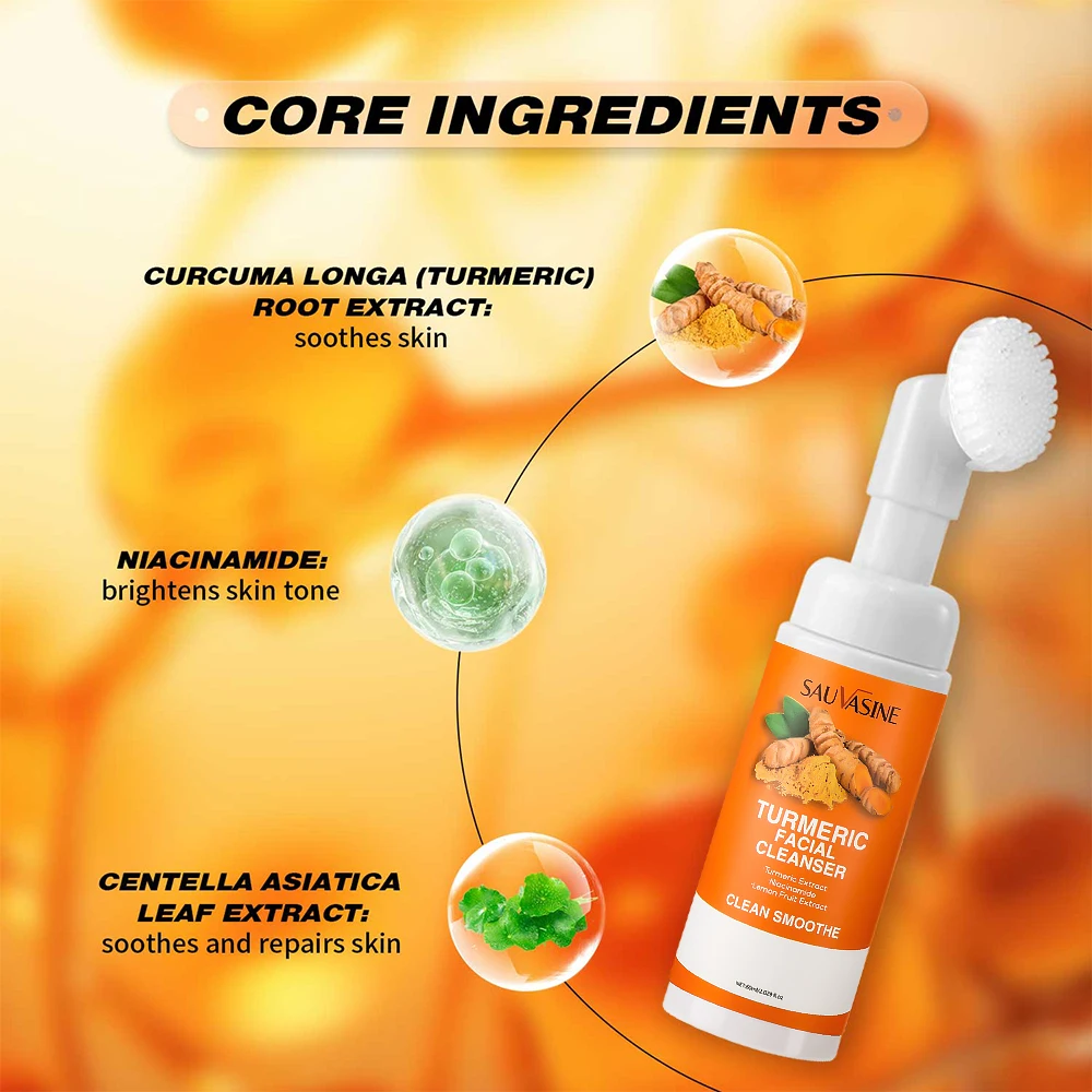 Turmeric Cleanser Moisturize Facial Brightening Skin Tone Daily Face Wash Foam with Brush Skin Care Clean Lemon Fruit Extract thumbnail 4