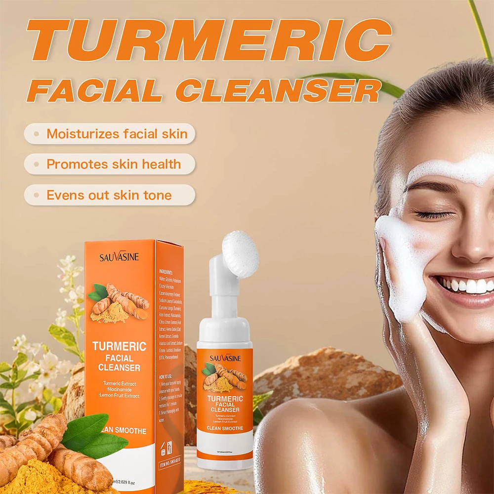 Turmeric Cleanser Moisturize Facial Brightening Skin Tone Daily Face Wash Foam with Brush Skin Care Clean Lemon Fruit Extract thumbnail 2
