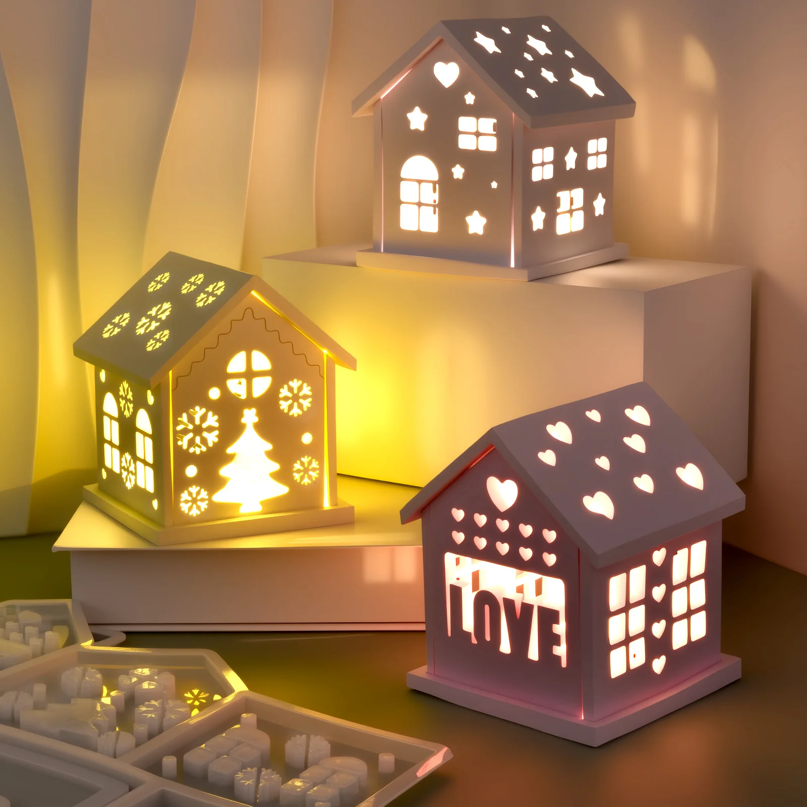 3D House Silicone Mold DIY Christmas Tree Love Star House Ornament Decor Plaster Epoxy Resin Candle Holder Mold Crafts Making thumbnail 3