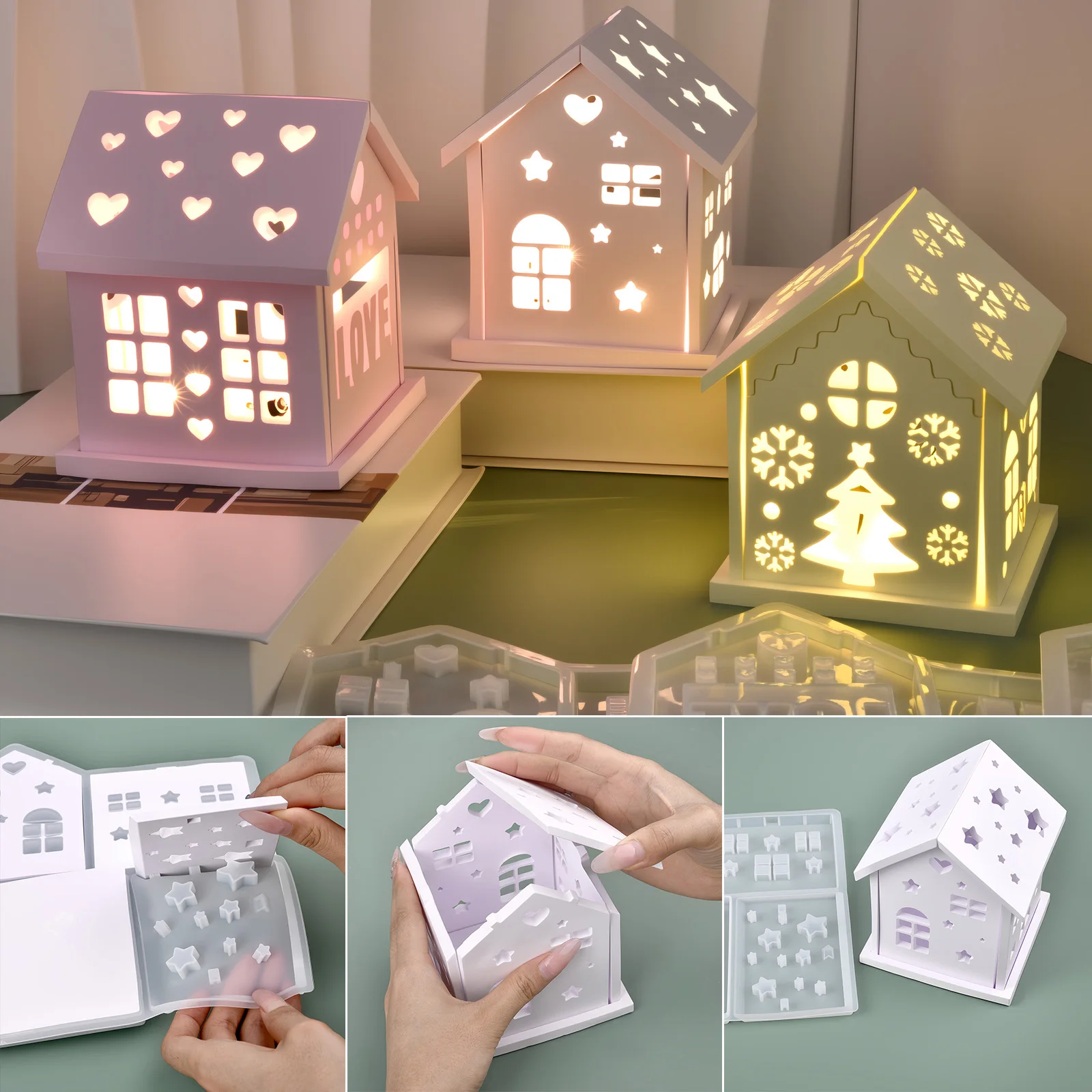 3D House Silicone Mold DIY Christmas Tree Love Star House Ornament Decor Plaster Epoxy Resin Candle Holder Mold Crafts Making thumbnail 4