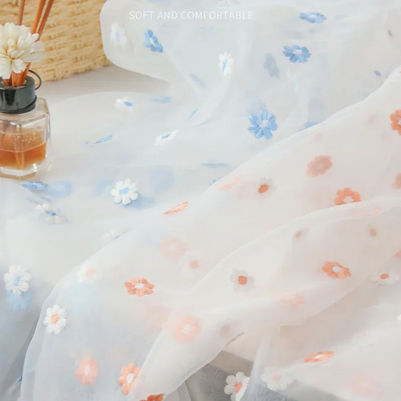 Small Flowers Embroidered Organza Fabric for Sewing Princess Dresses Headwear Stage Costumes Decorative Cloth DIY Fabrics thumbnail 2