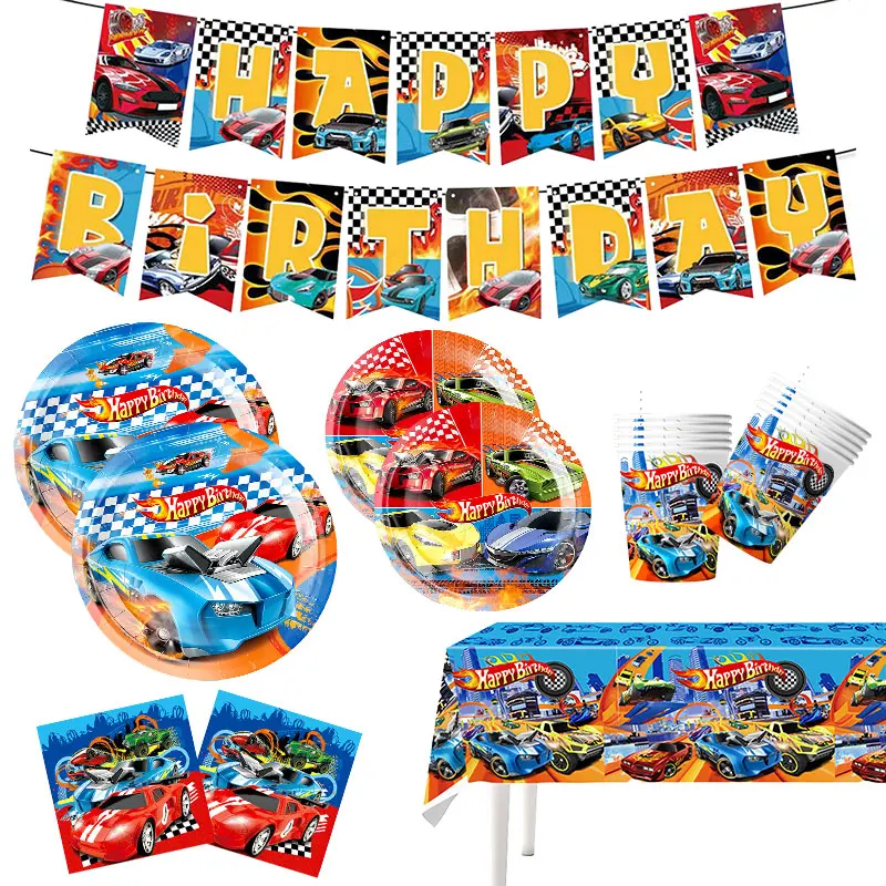 Happy Birthday Wheels Decoration Racing Car Balloons Disposable Tableware Set Plates Cups Napkin Tablecloth Child Party Toy Gift thumbnail 4