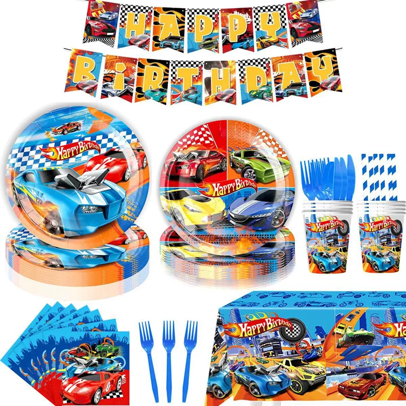 Happy Birthday Wheels Decoration Racing Car Balloons Disposable Tableware Set Plates Cups Napkin Tablecloth Child Party Toy Gift thumbnail 3