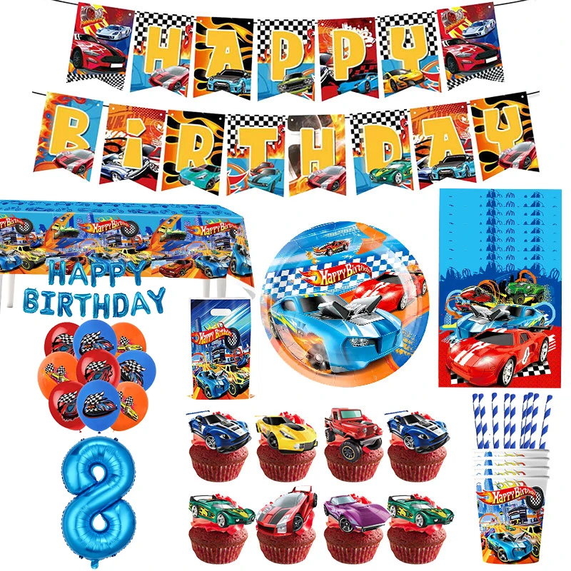 Happy Birthday Wheels Decoration Racing Car Balloons Disposable Tableware Set Plates Cups Napkin Tablecloth Child Party Toy Gift thumbnail 6