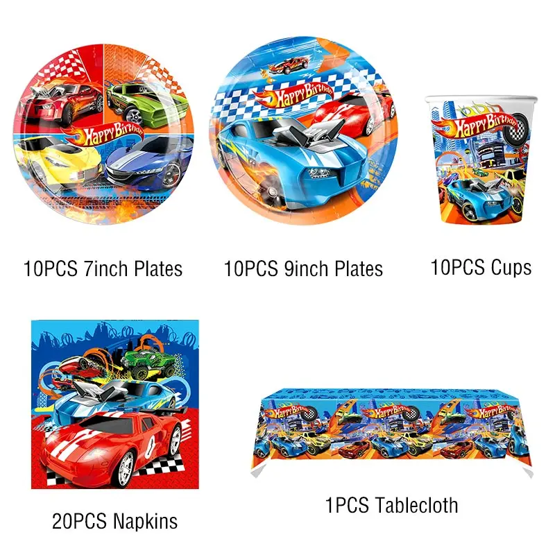 Happy Birthday Wheels Decoration Racing Car Balloons Disposable Tableware Set Plates Cups Napkin Tablecloth Child Party Toy Gift thumbnail 2