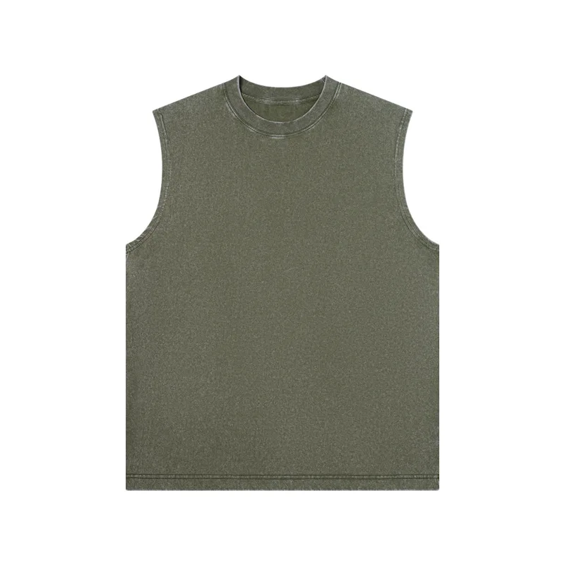 230g Pure Cotton European and American High Street Retro Washed Distressed Sleeveless Vest Men's Casual Loose Shoulder T-shirt thumbnail 6