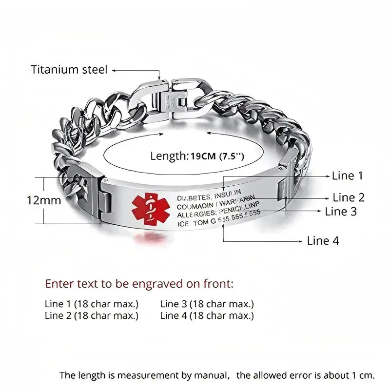 Personalized Emergency Bracelets for Women Men Custom Engraved Medical Alert Information Stainless Steel Medical ID Bracelets thumbnail 5