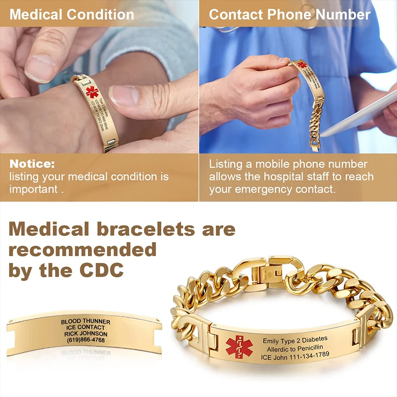 Personalized Emergency Bracelets for Women Men Custom Engraved Medical Alert Information Stainless Steel Medical ID Bracelets thumbnail 6