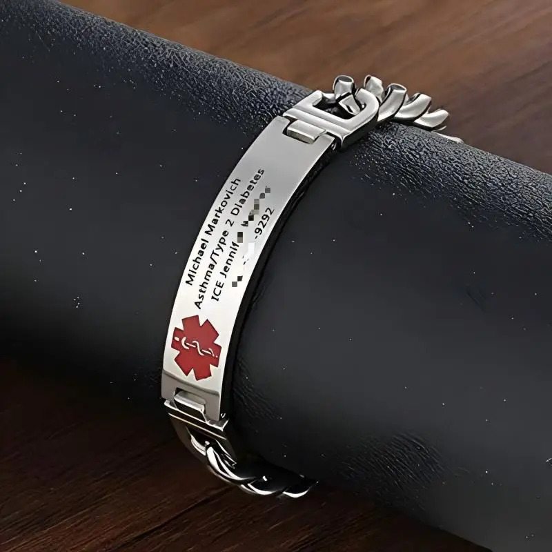 Personalized Emergency Bracelets for Women Men Custom Engraved Medical Alert Information Stainless Steel Medical ID Bracelets thumbnail 3