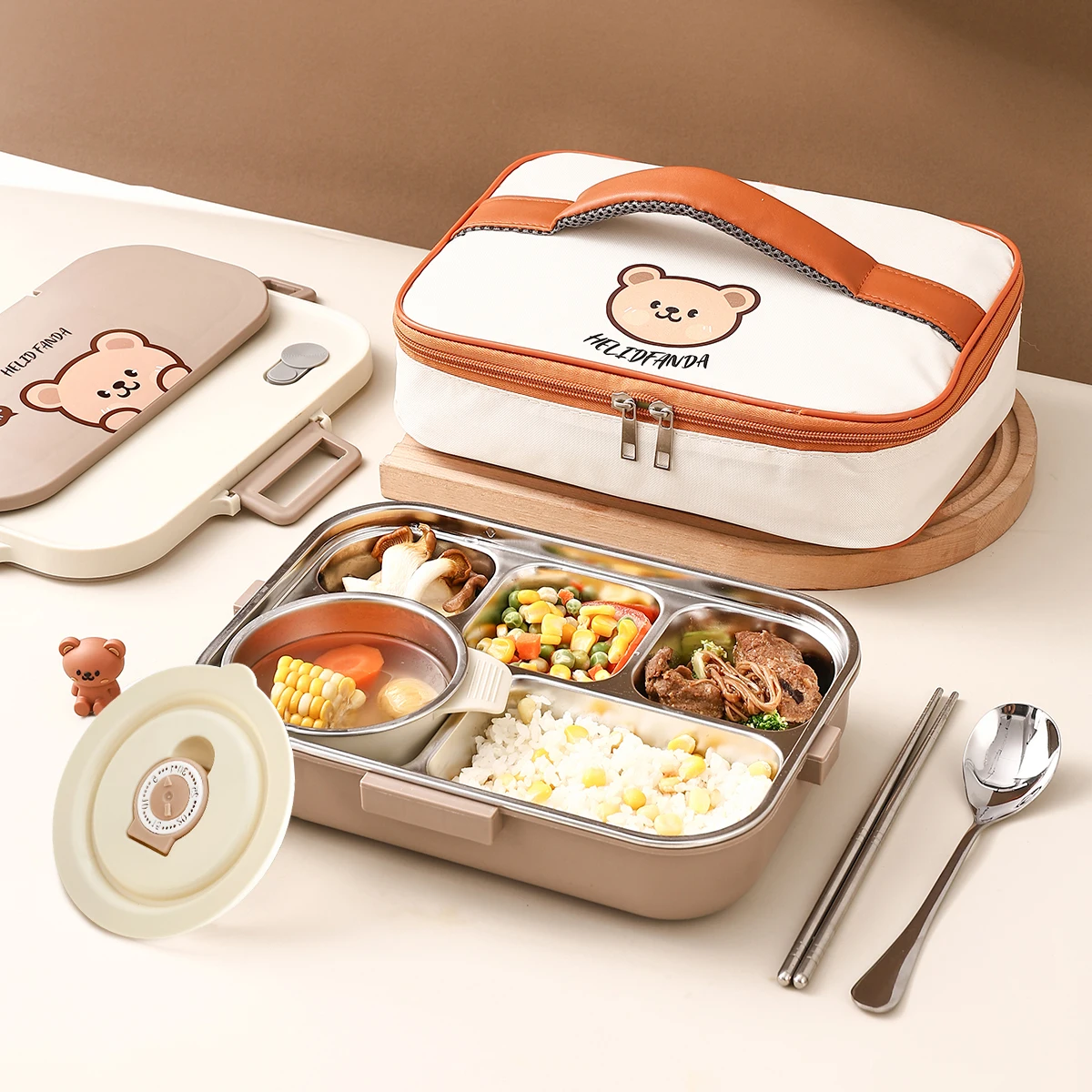 WORTHBUY 4 Grids 304 Stainless Steel Lunch Box With Cutlery&Bowl Portable Food Contianer for Hot and Cold Food For Student Kid