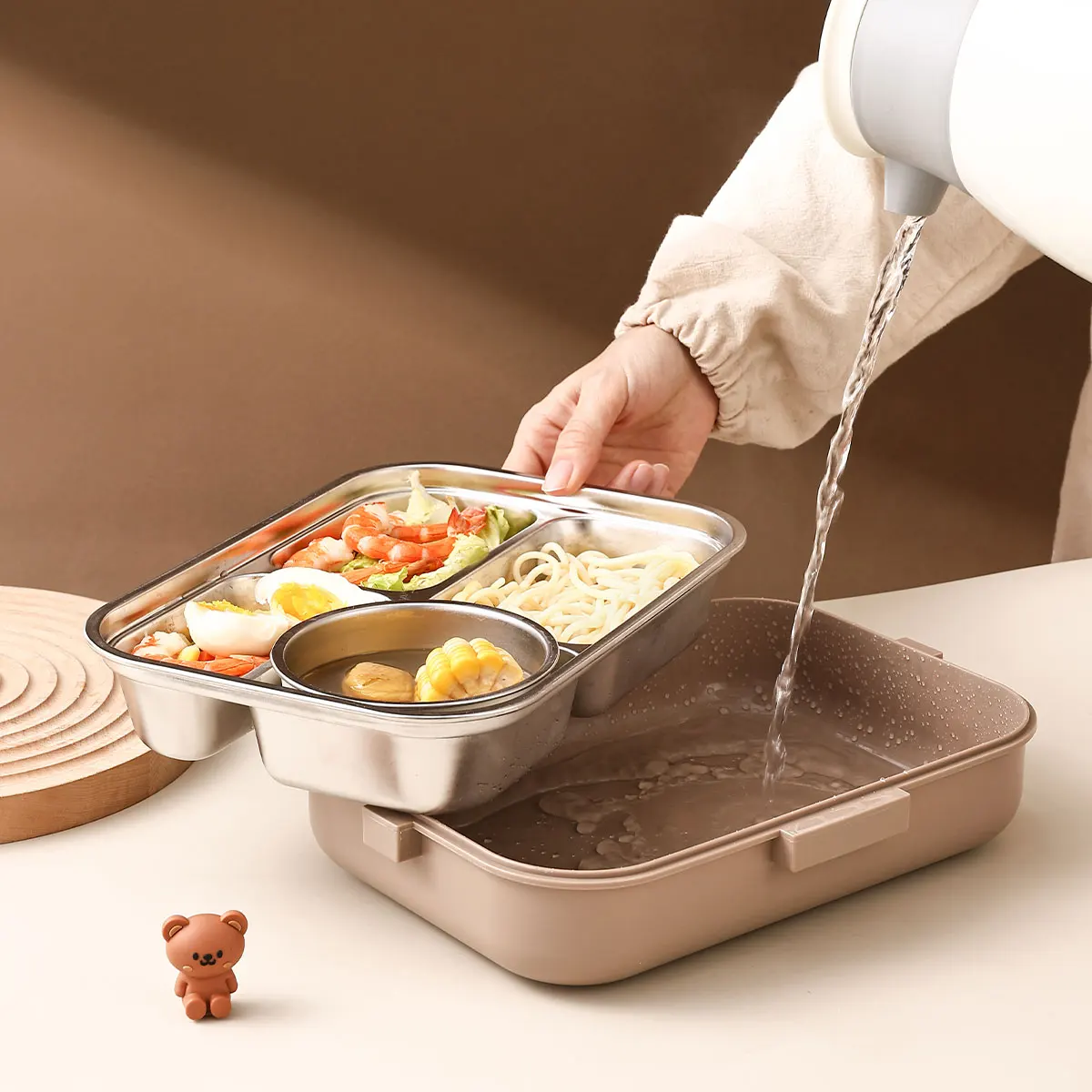 WORTHBUY 4 Grids 304 Stainless Steel Lunch Box With Cutlery&Bowl Portable Food Contianer for Hot and Cold Food For Student Kid thumbnail 4