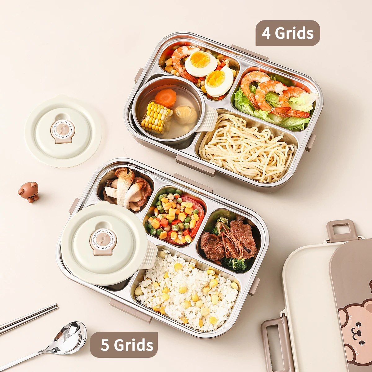 WORTHBUY 4 Grids 304 Stainless Steel Lunch Box With Cutlery&Bowl Portable Food Contianer for Hot and Cold Food For Student Kid thumbnail 2