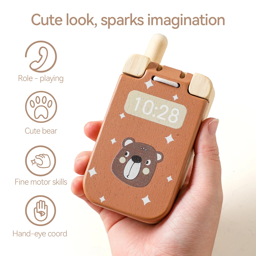 Baby Wooden Bear Phone Teether Toy Telephone Sleeping Pacifier Teething Flip Simulation Phone Toys Early Educational Toy Gifts thumbnail 2