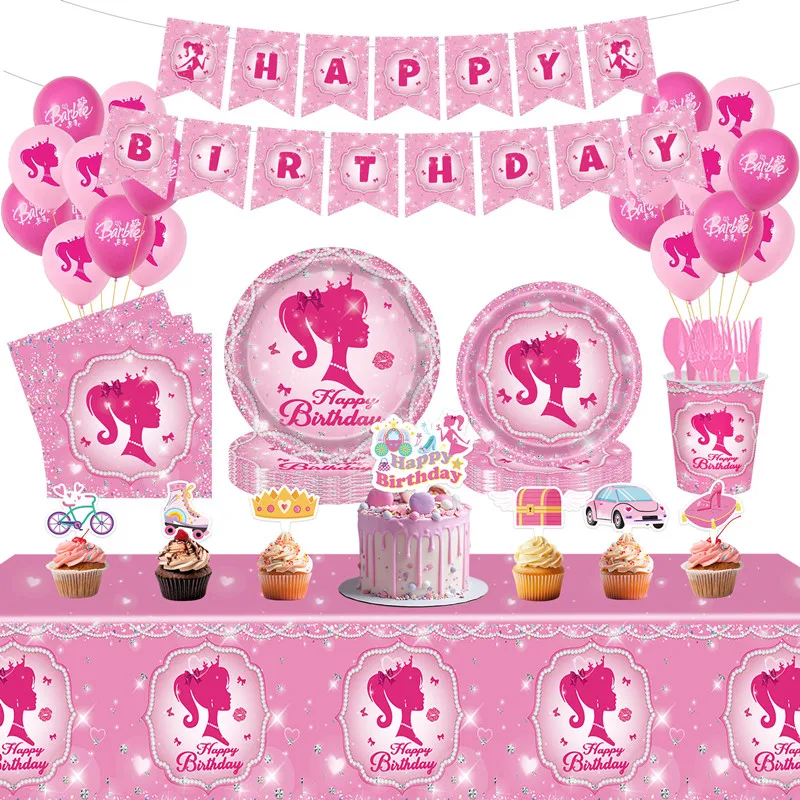 Princess Decorations Birthday Pink Theme Happy Birthday Girls Party Event Supplies Plates Cup Kids Balloons Disposable Tableware thumbnail 4