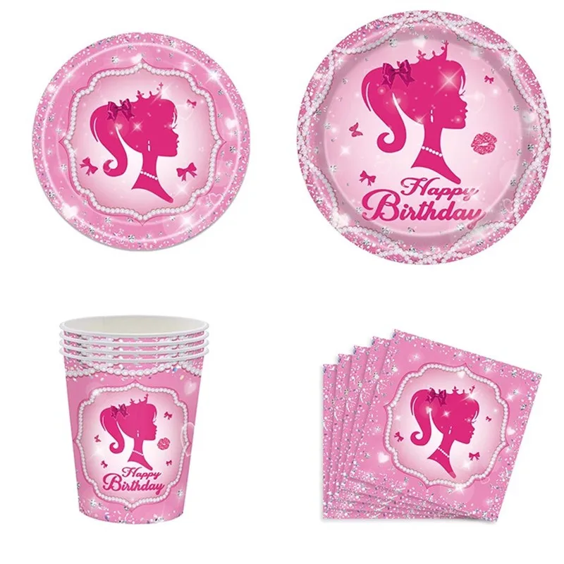 Princess Decorations Birthday Pink Theme Happy Birthday Girls Party Event Supplies Plates Cup Kids Balloons Disposable Tableware thumbnail 2