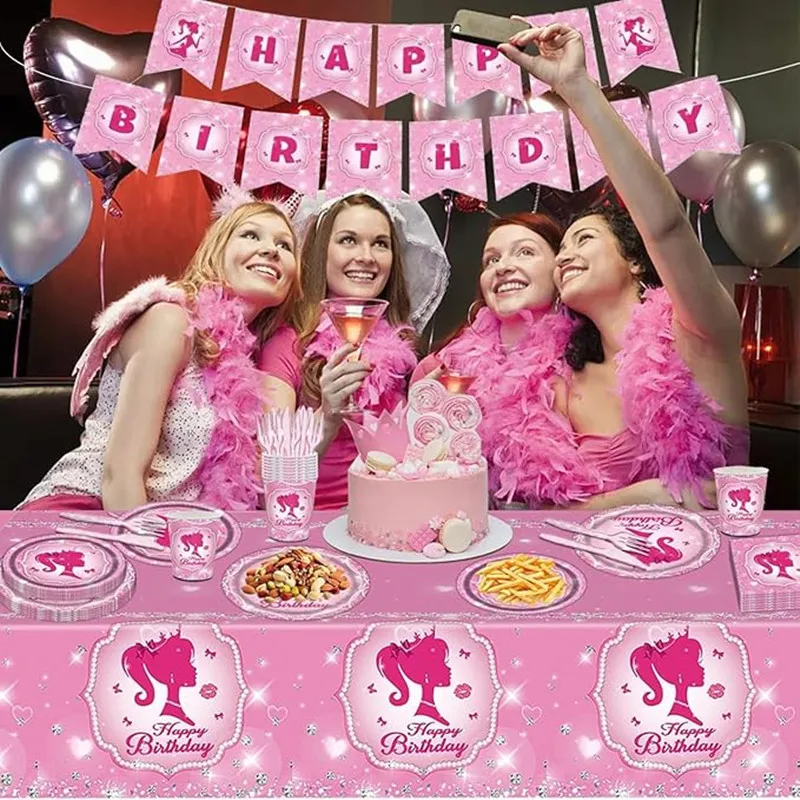 Princess Decorations Birthday Pink Theme Happy Birthday Girls Party Event Supplies Plates Cup Kids Balloons Disposable Tableware thumbnail 6