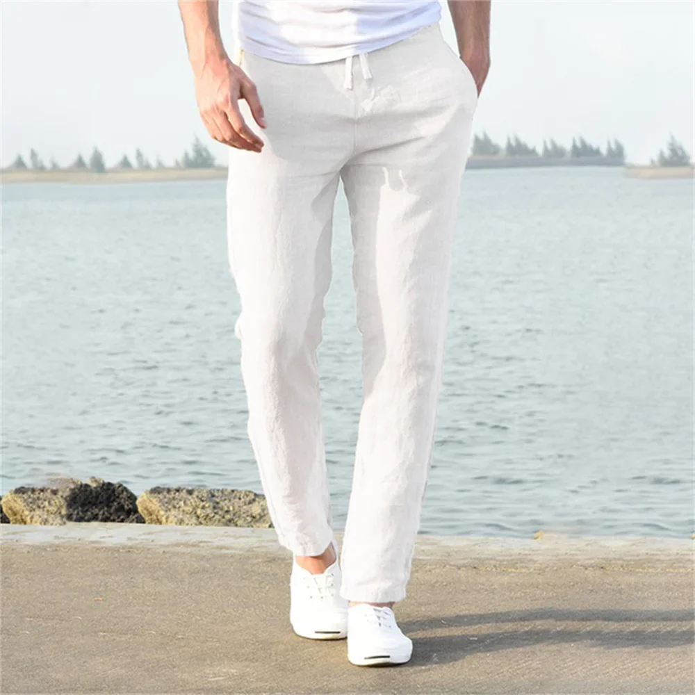 2025 Men Cotton Linen Casual Pants Baggy Streetwear Men Joggers Sports Trousers Solid Color Long Straight Trendy Pants for Men thumbnail 3